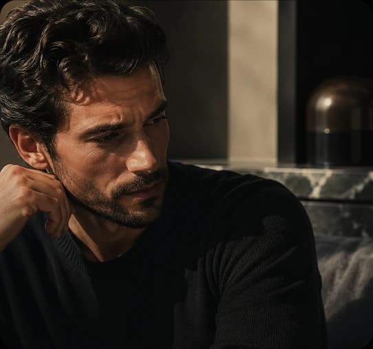 Homem em ambiente interno representando sofrimento silencioso com sintomas no couro cabeludo